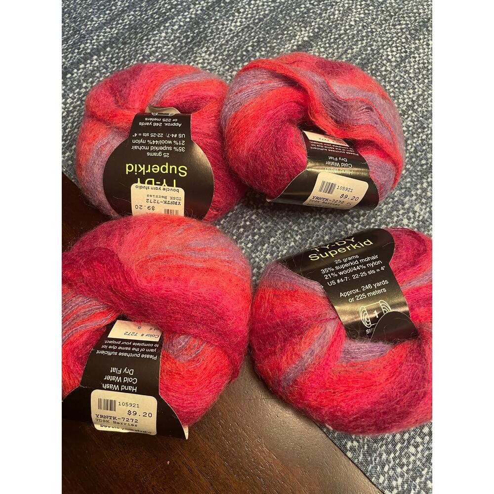 Lot of 4 skeins Ty-Dy Super kid Yarn berries red purple pink new mohair